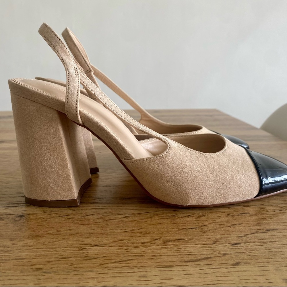 Beige & Black Cap Toe Slingback Heels | Size 8.5 | Block Heel |